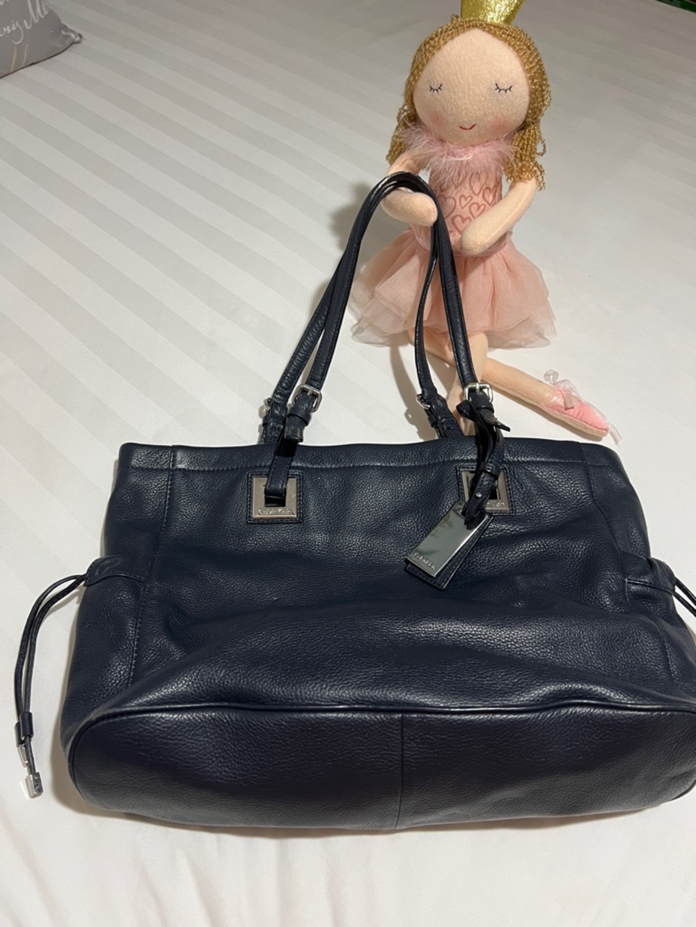 Dark Blue  Leather Tote Bag with Double Straps